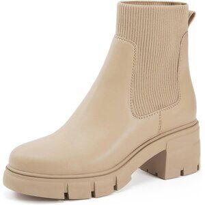 Redtop Women Nude Faux Leather Elastic Chunky Block Heel Platform Chelsea Boot